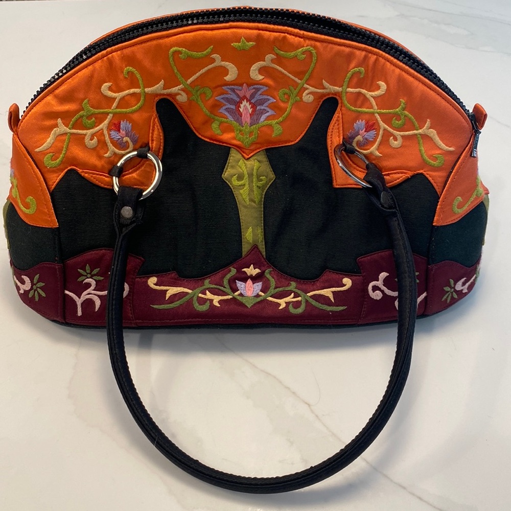 Oovoo Orange and black floral hand embroidered silk thread shoulder bag